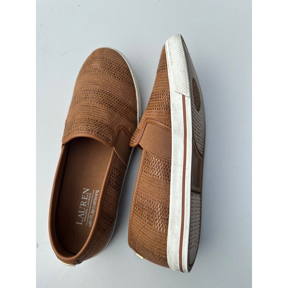 Lauren Ralph Lauren Tan Woven Slip On Sneakers Brown RLite Flat Shoes Womens 9.5
